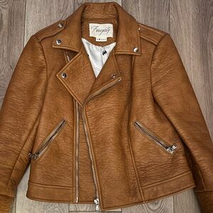 Fauxgerty Camel Vegan Leather Asymmetric Zip Silk Lined Jacket